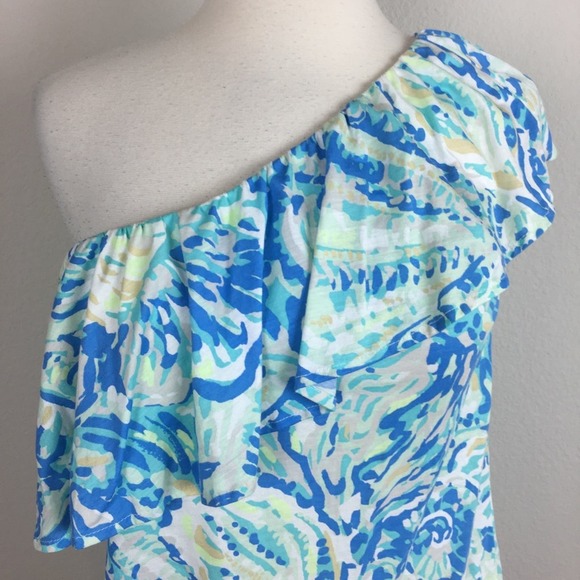 Lilly Pulitzer Blue Abstract Print One Shoulder Top Small - Picture 2 of 6